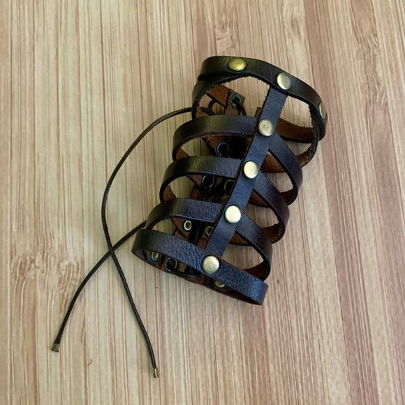 Brown Leather Wrap Bracelet and Arm Cuff Adjustable New Boho Gold Studs - Picture 1 of 7